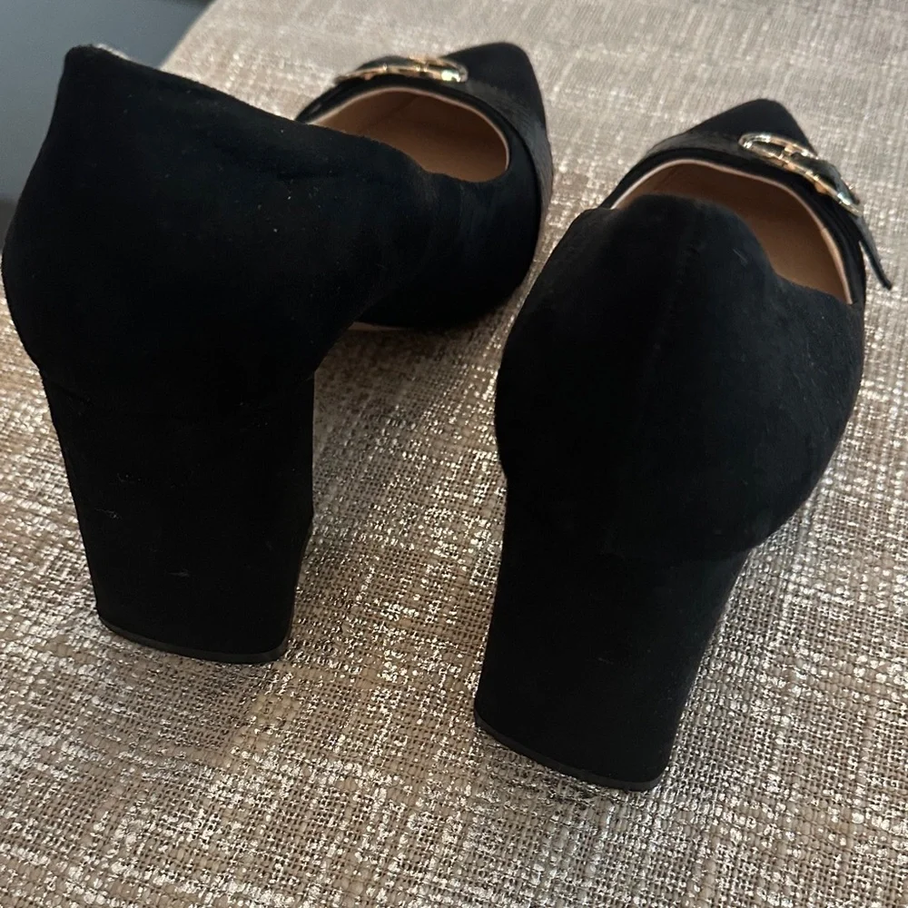 Michael By Michael Shannon Izabella Black Suade Block Heels Shoes with Buckle
